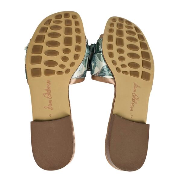 Sam Edelman Binx Sandals Sz 7 Blush Pink Satin Slides Tropical Palm Knot Detail - Picture 3 of 6